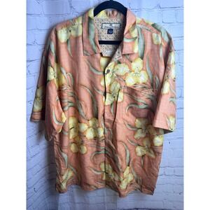 Tommy Bahama Silk Hawaiian Shirt Floral‎ Tropical Peach Yellow Mens Size L